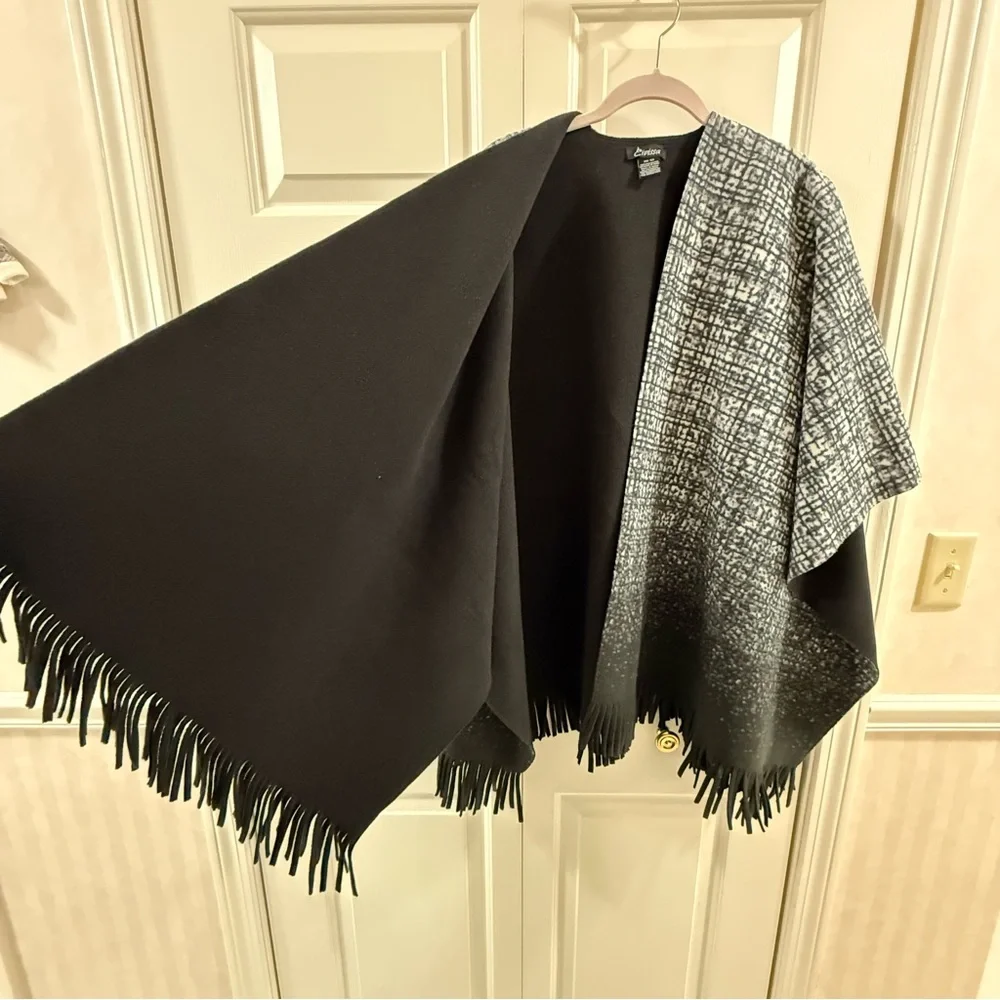 Black White Ombre Ruana Wrap Fringe Poncho Shawl Cardigan Cozy OS Layering Piece